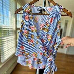 Say What? Sleeveless Wrap Blouse with Side Tie, stripes & florals, cotton